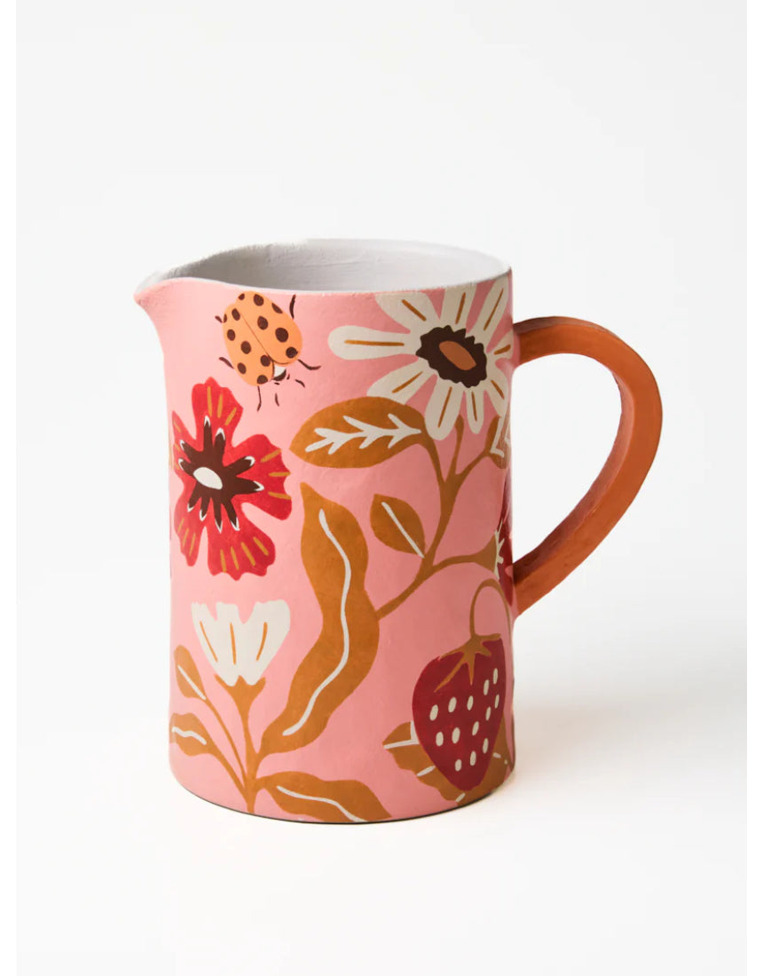 Jones & Co Meadow Jug in pink, ceramic pitcher with a smooth, rounded design and glossy finish, ideal for decorative or functional use.
