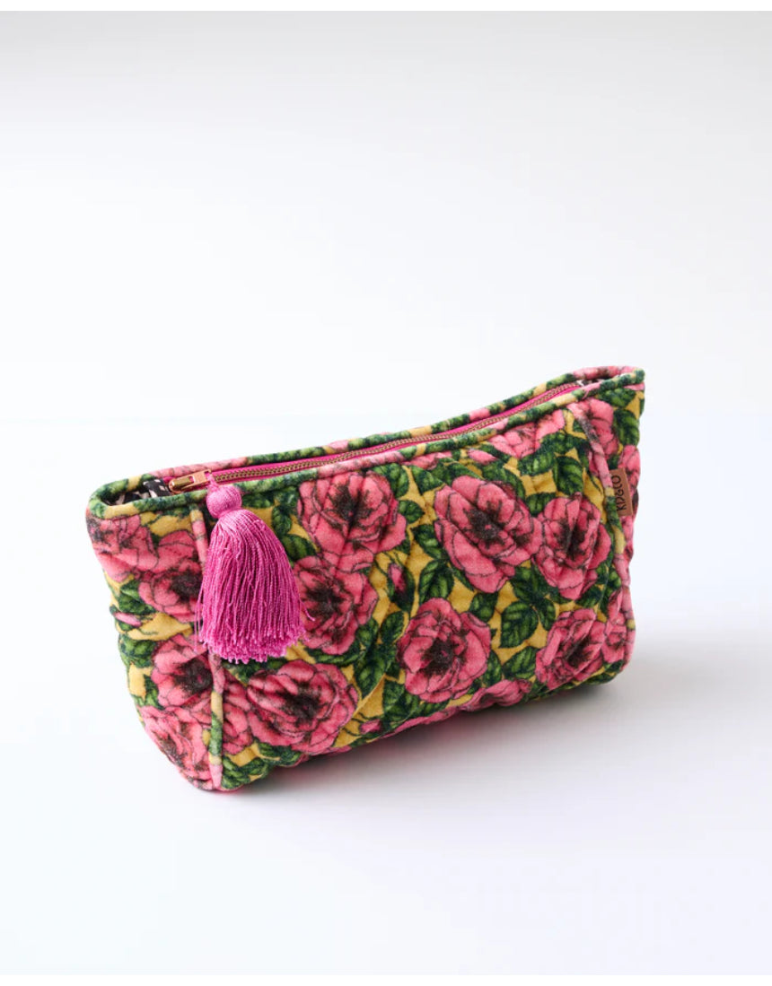 Kip & Co Golden Peony velvet toiletry bag with soft fabric and elegant floral pattern, designed for accessories storage.