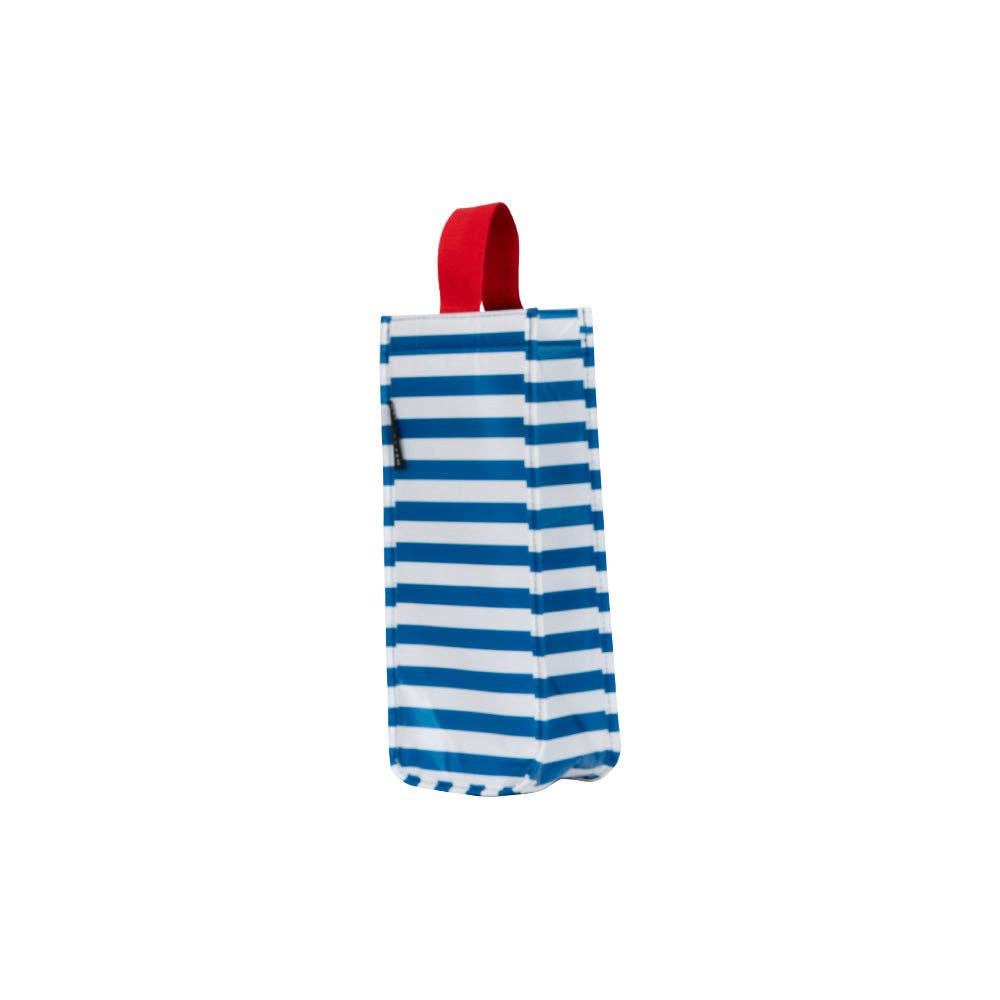 Project Ten Breton Stripe wine bag with navy and white horizontal stripes, made from fabric, designed for wine bottle storage.
