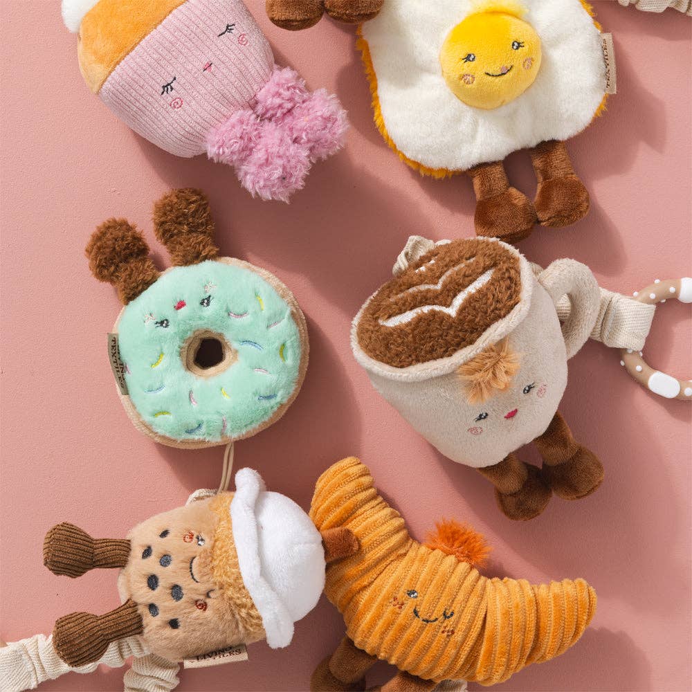 Living Textiles 2-pack Mini Market Brunch stroller toys featuring a coffee cup and croissant for baby entertainment.