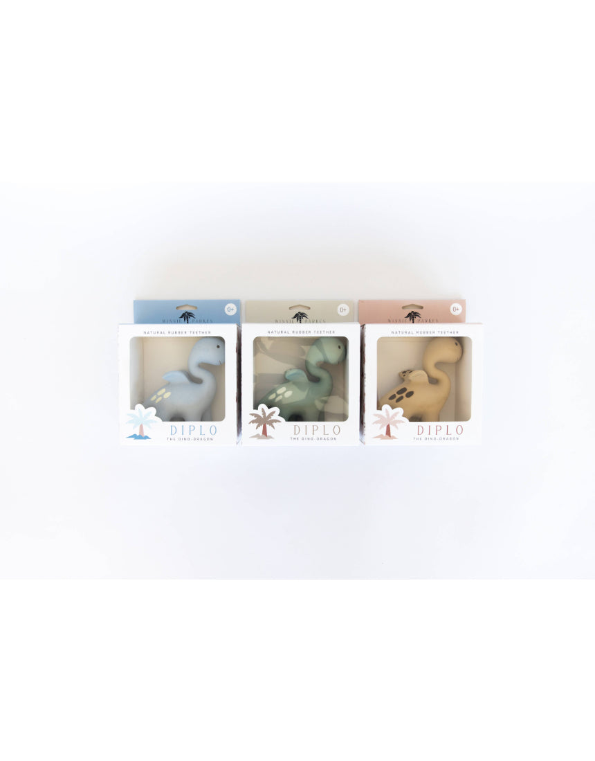 Winnie Parkes Diplo the Dino-Dragon teether in sage green, soft silicone with textured surface for soothing babies.