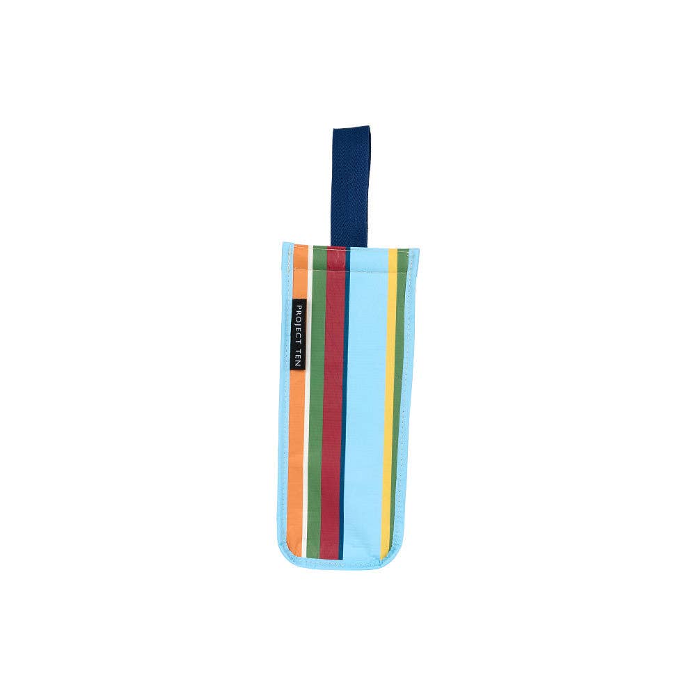 Retro stripe wine bag by Project Ten Pty Ltd featuring colorful fabric with classic stripe pattern for wine bottle packaging.
