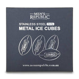 Men's Republic Footy Ball ice cubes set with four stainless steel balls for chilling drinks, displayed on a white surface.