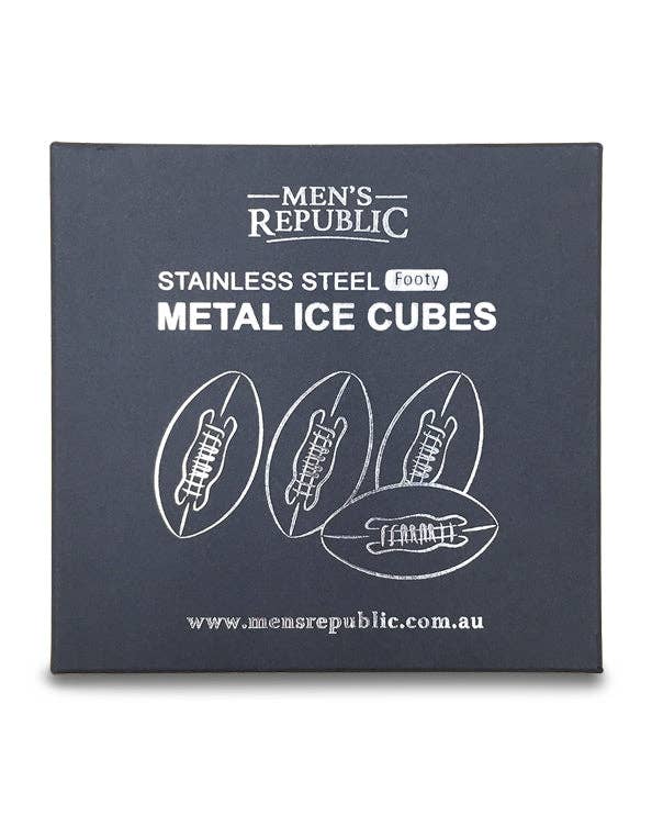 Men's Republic Footy Ball ice cubes set with four stainless steel balls for chilling drinks, displayed on a white surface.