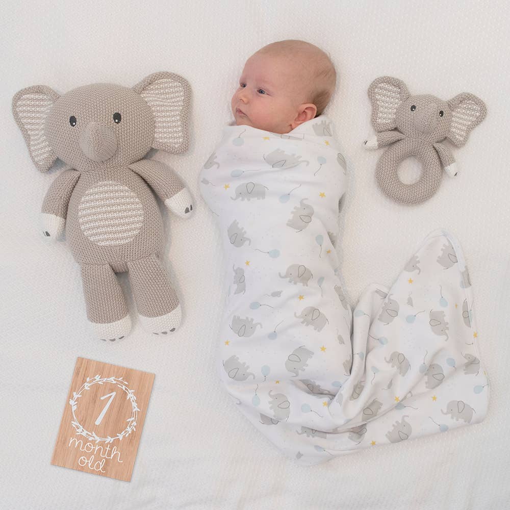 Living Textiles Mason the Elephant knitted toy, soft plush with detailed stitching and gentle expression, perfect for cuddling and play.