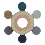 Living Textiles Multi-Surface Teething Wheel in steel blue, featuring textured surfaces for baby teething and sensory play.