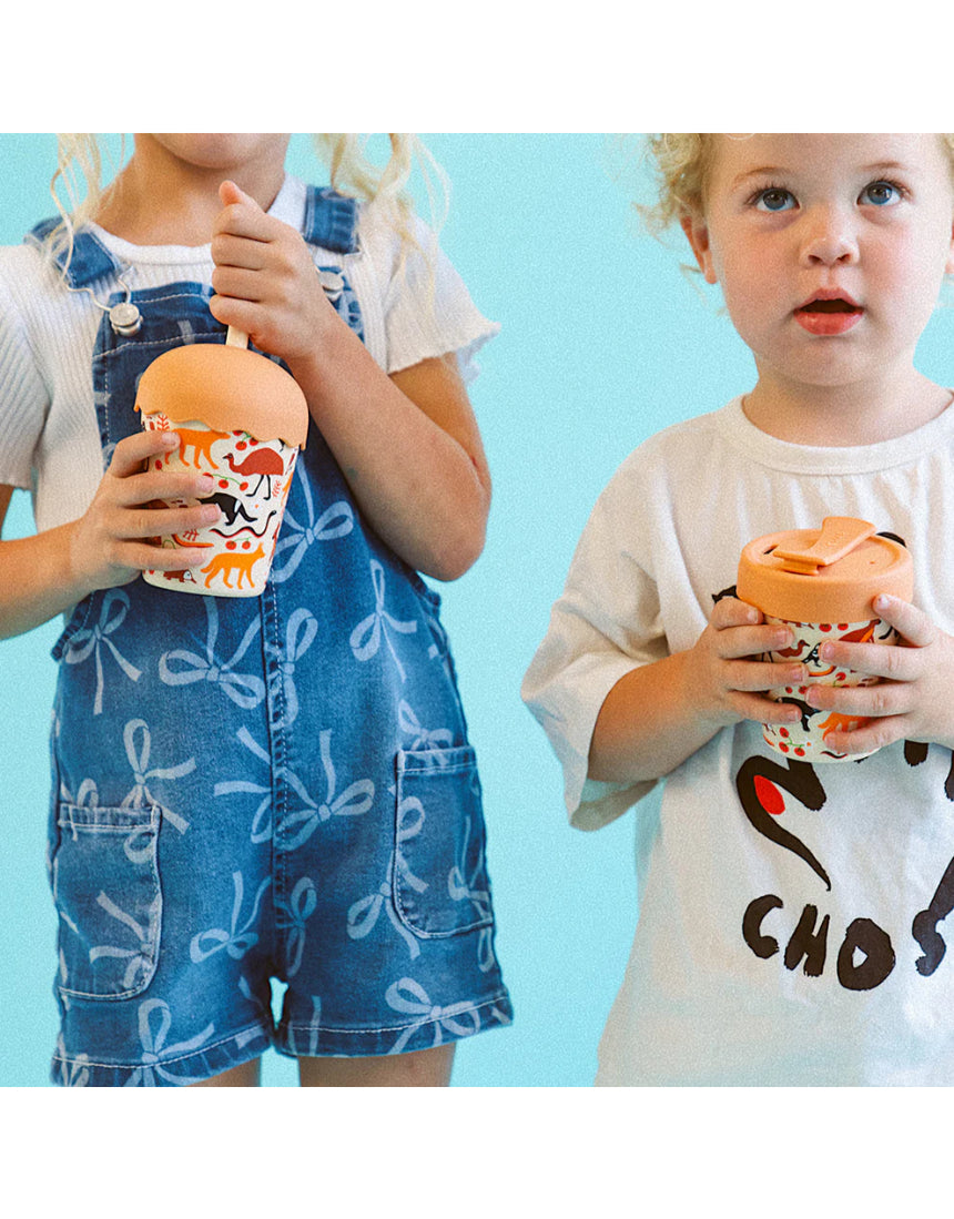 Chino Club kids' smoothie cup with Aussie animals design, 200ml mini cup with straw featuring colorful animal illustrations.