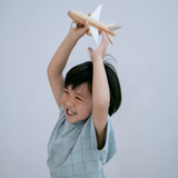 Black wooden wind-up jet plane toy for kids by Axis Toys, with detailed craftsmanship and sleek design.
