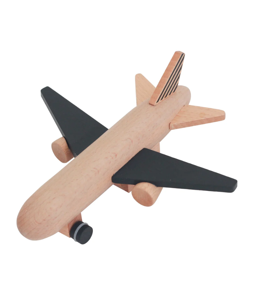 Black wooden wind-up jet plane toy for kids by Axis Toys, featuring a sleek design and durable wooden construction.