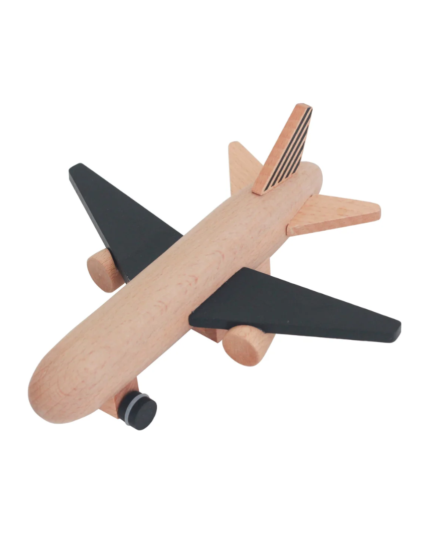Black wooden wind-up jet plane toy for kids by Axis Toys, featuring a sleek design and durable wooden construction.