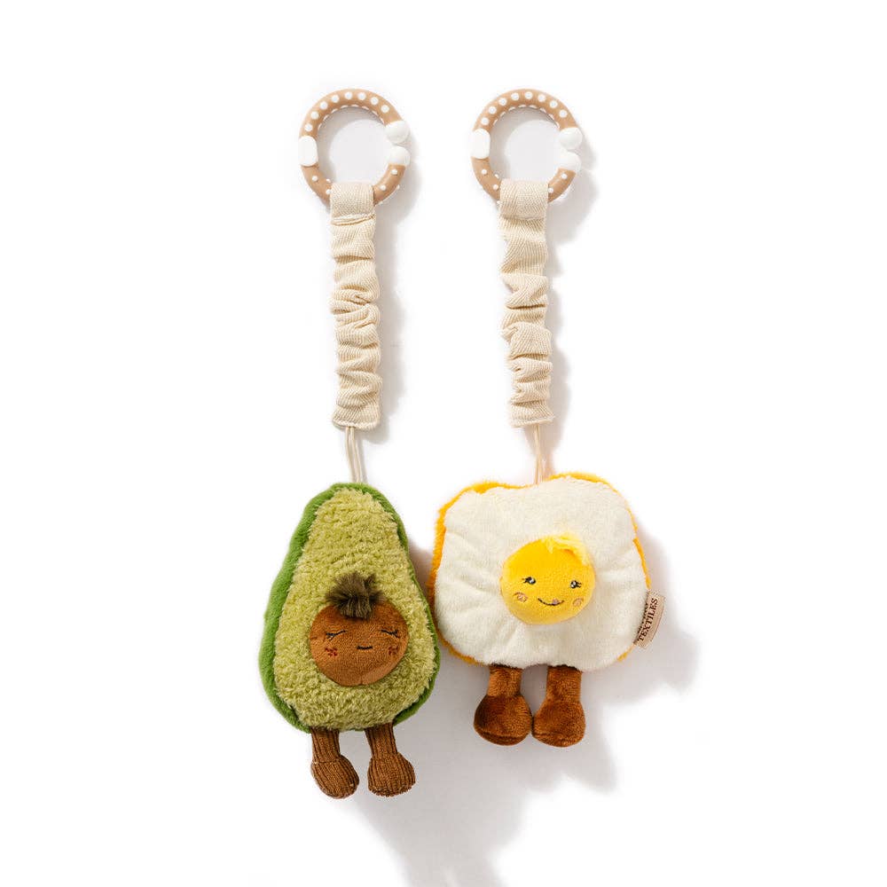 Living Textiles 2-pack mini market brunch stroller toys with plush avocado and egg on toast designs for babies.