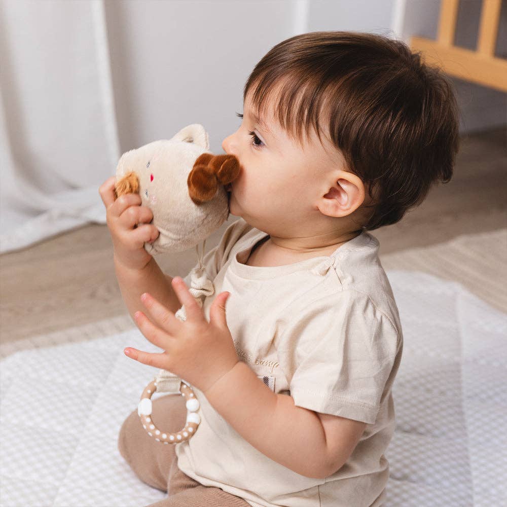 Living Textiles 2-pack mini market brunch stroller toys featuring a coffee cup and croissant, soft fabric and colorful designs.