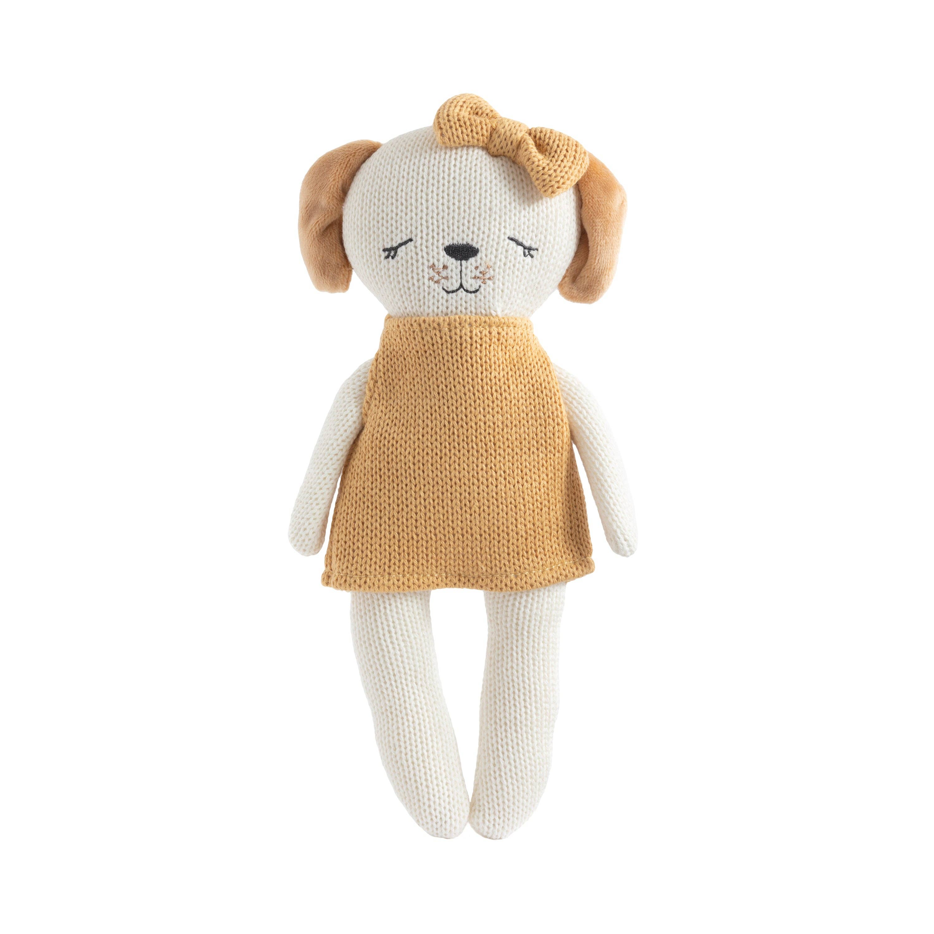 Living Textiles Knitted Animal Toy Paula the Puppy, soft and cuddly stuffed dog with detailed knitting, ideal for children.