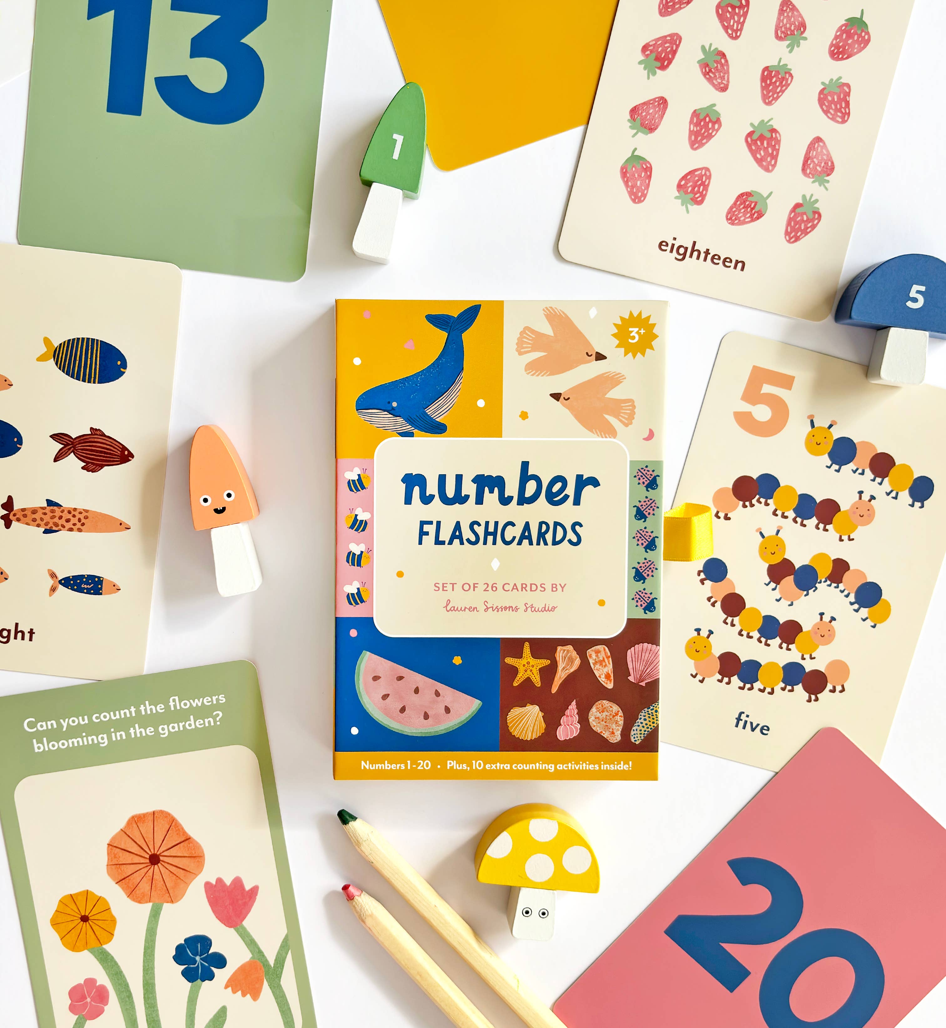 Illustrated number flashcards from Lauren Sissons Studio featuring colorful, playful designs for early learning and number recognition.