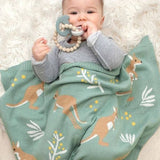 Living Textiles Australiana baby blanket with kangaroo and green pattern, soft woven textile for infants.