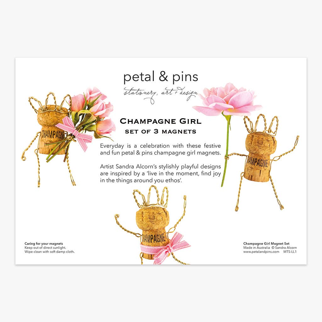 Set of three Petal & Pins Champagne Girl magnets featuring colorful, whimsical champagne-themed illustrations on each magnet.