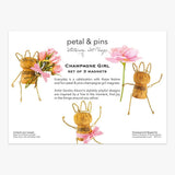 Set of three Petal & Pins Champagne Girl magnets featuring colorful, whimsical champagne-themed illustrations on each magnet.