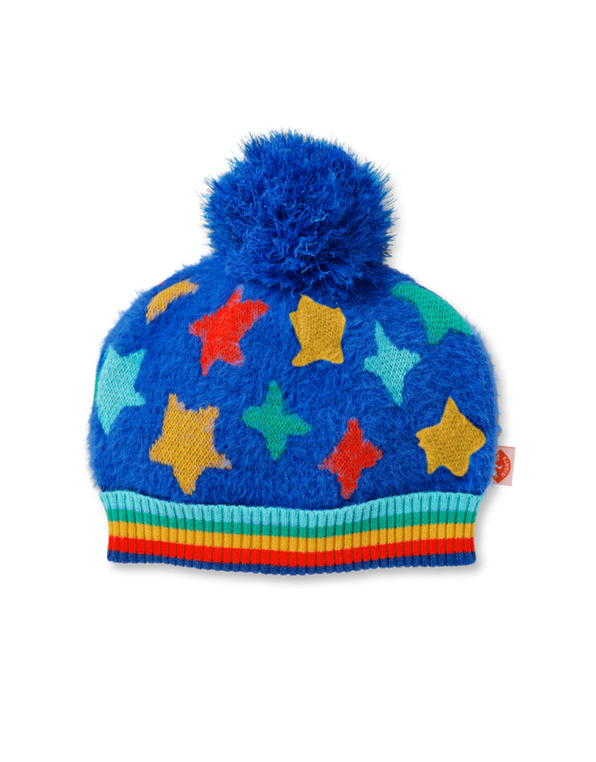 Baby blue Halcyon Nights Rocket Ride knit beanie featuring space planets and rocket design, perfect for kids' winter hats.