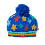 Baby blue Halcyon Nights Rocket Ride knit beanie featuring space planets and rocket design, perfect for kids' winter hats.
