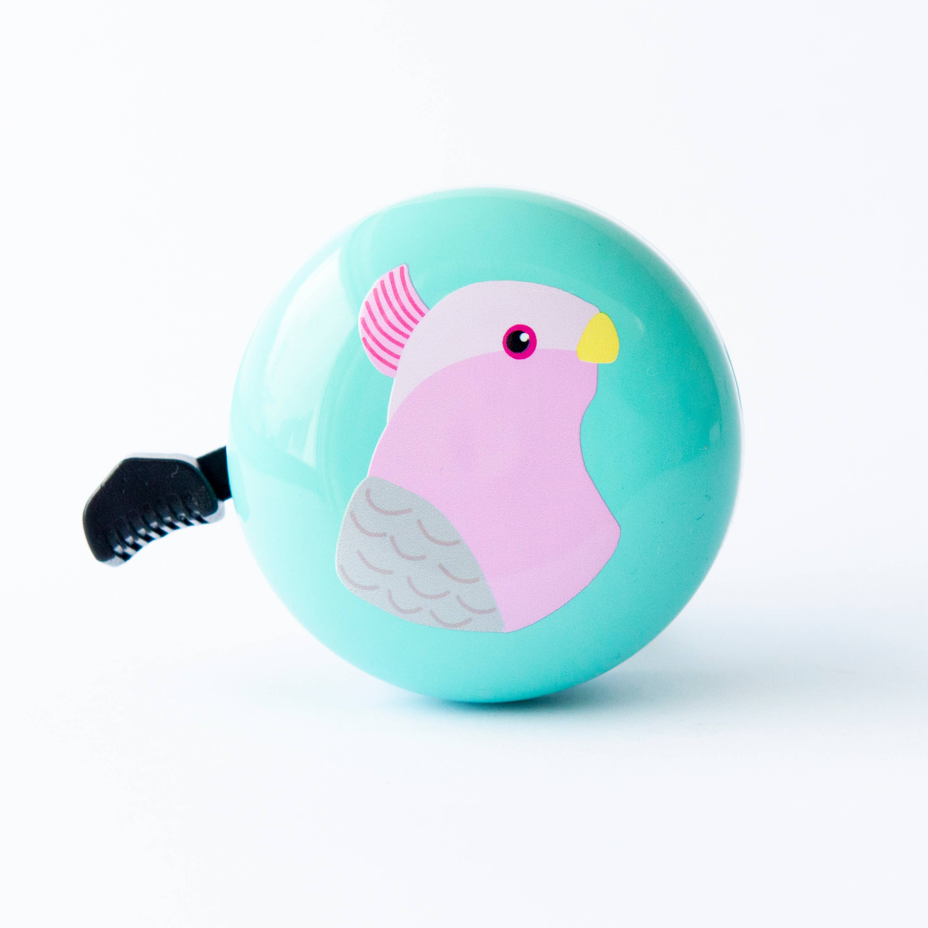 Beep Galah Mint bike bell with a colorful bird design, made for bicycles and scooters, mounted on a handlebar.