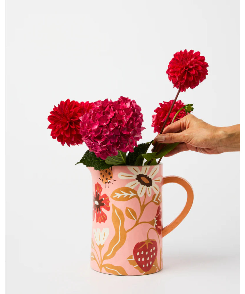 Jones & Co Meadow Jug in pink, ceramic vessel with a smooth, rounded shape and floral design for decorative use.