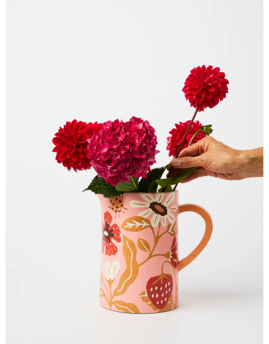 Jones & Co Meadow Jug in pink, ceramic vessel with a smooth, rounded shape and floral design for decorative use.