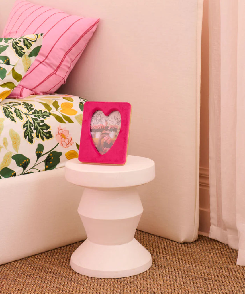 Kip & Co desert pink heart velvet photo frame with soft fabric exterior and decorative heart pattern.