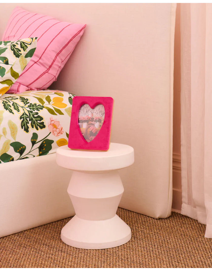 Kip & Co desert pink heart velvet photo frame with soft fabric exterior and decorative heart pattern.