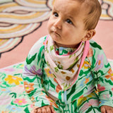 Kip & Co Sweet Flowers dribble bib set with colorful floral patterns, soft fabric, and adjustable snap closures for babies.