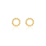 Gold beaded circle stud earrings by Linda Tahija, featuring intricate beaded detailing on small, round stud earrings.