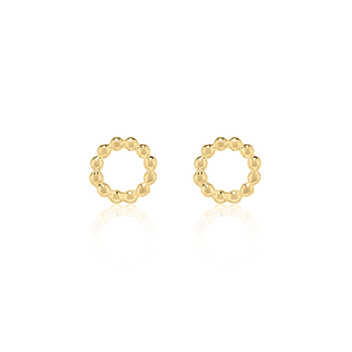 Gold beaded circle stud earrings by Linda Tahija, featuring intricate beaded detailing on small, round stud earrings.