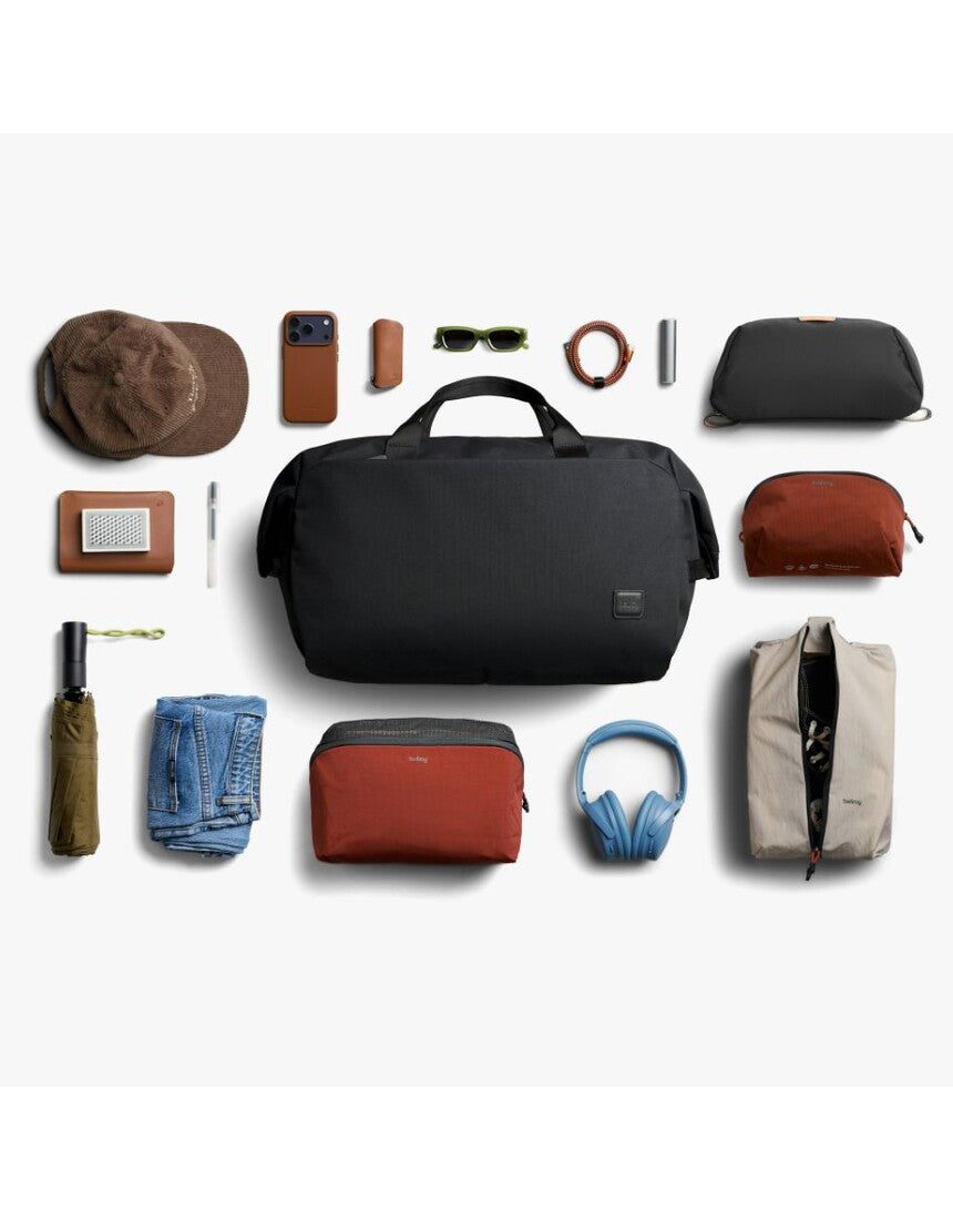 Bellroy Classic Duffel 35L black bag with sturdy handles and spacious main compartment for travel and daily use.
