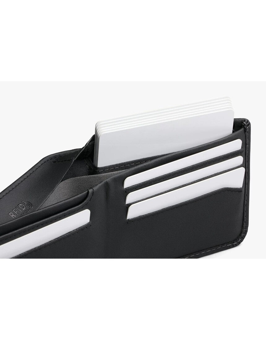 Bellroy Hide & Seek LO INNOVERA™ Edition black wallet with sleek design and multiple card slots, shown open with cards visible inside.