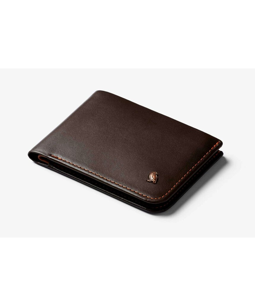 Bellroy Hide & Seek LO Java wallet showing multiple card slots and sleek leather design with Bellroy branding.