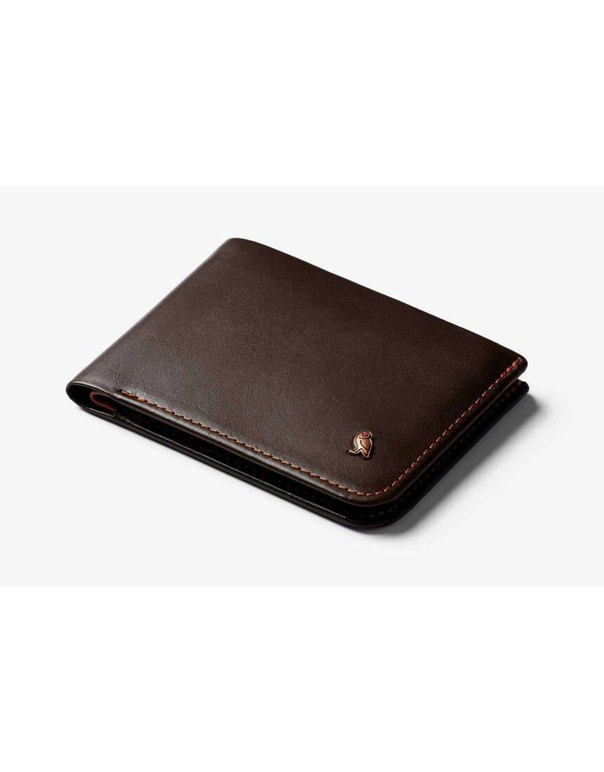 Bellroy Hide & Seek LO Java wallet showing multiple card slots and sleek leather design with Bellroy branding.