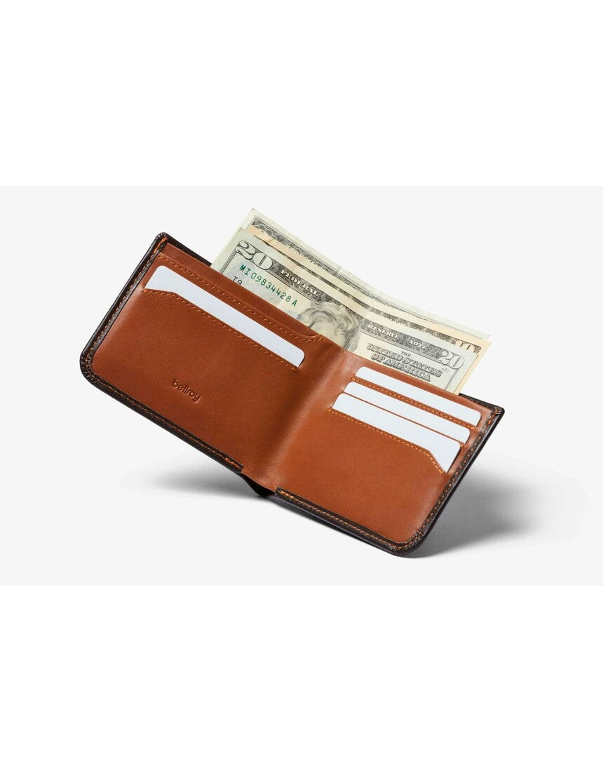 Bellroy Hide & Seek LO wallet in Java leather showing multiple card slots and sleek design.