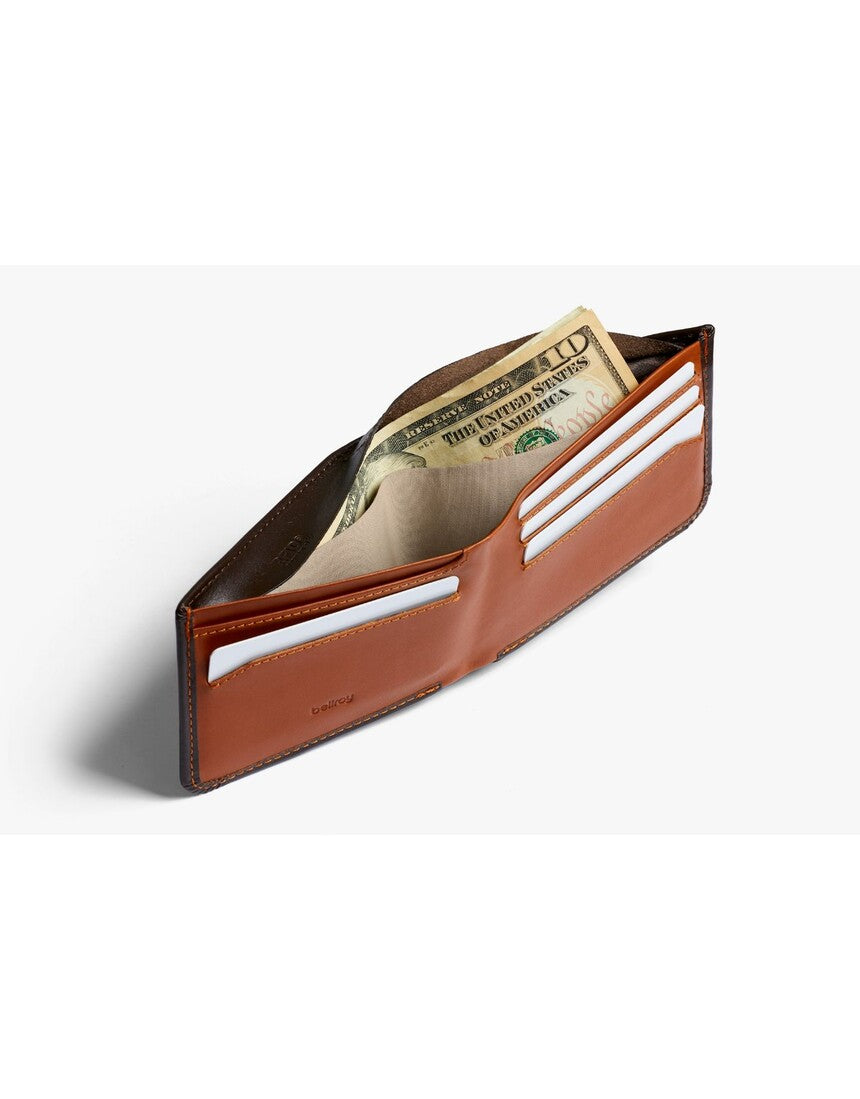 Bellroy Hide & Seek LO Java wallet showing multiple card slots and sleek leather design.