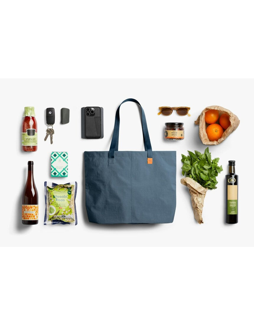Bellroy Market Tote in Blue Steel, stylish tote bag with spacious interior and sturdy handles for everyday use.