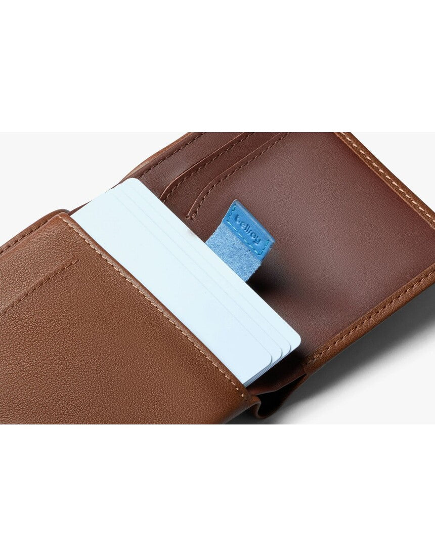 Bellroy Note Sleeve wallet in Hazelnut leather showing card slots and sleek design on a neutral background.