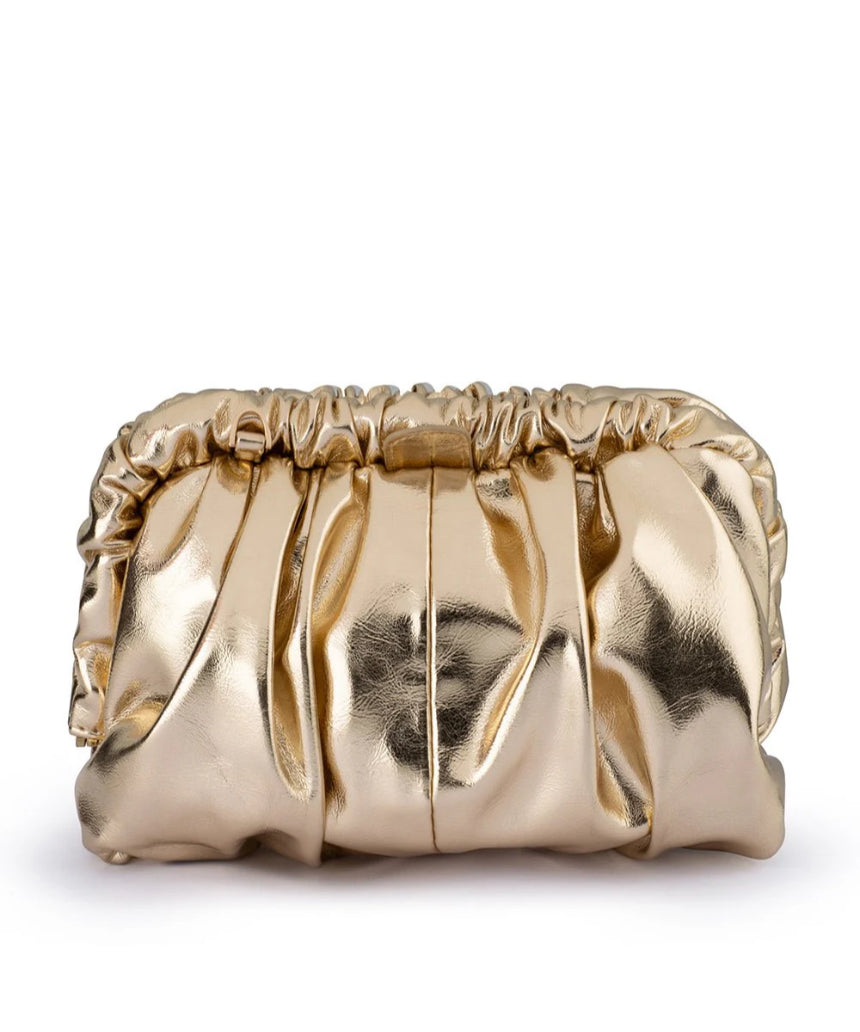Olga Berg Betty metallic gold clutch bag with a sleek, shiny finish and elegant design for evening occasions.