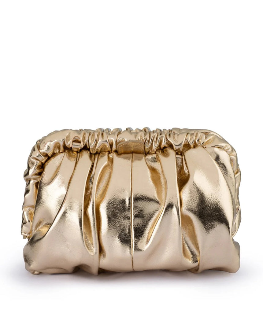 Olga Berg Betty metallic gold clutch bag with a sleek, shiny finish and elegant design for evening occasions.