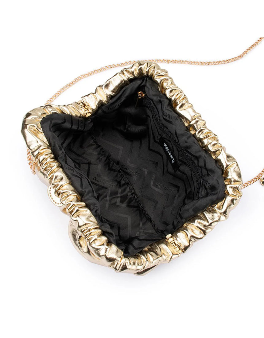 Olga Berg Betty metallic clutch bag in gold with sleek design and compact size, perfect for evening occasions.