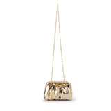 Olga Berg Betty Metallic Clutch in gold with a sleek, shiny finish, featuring a compact design and elegant clasp.
