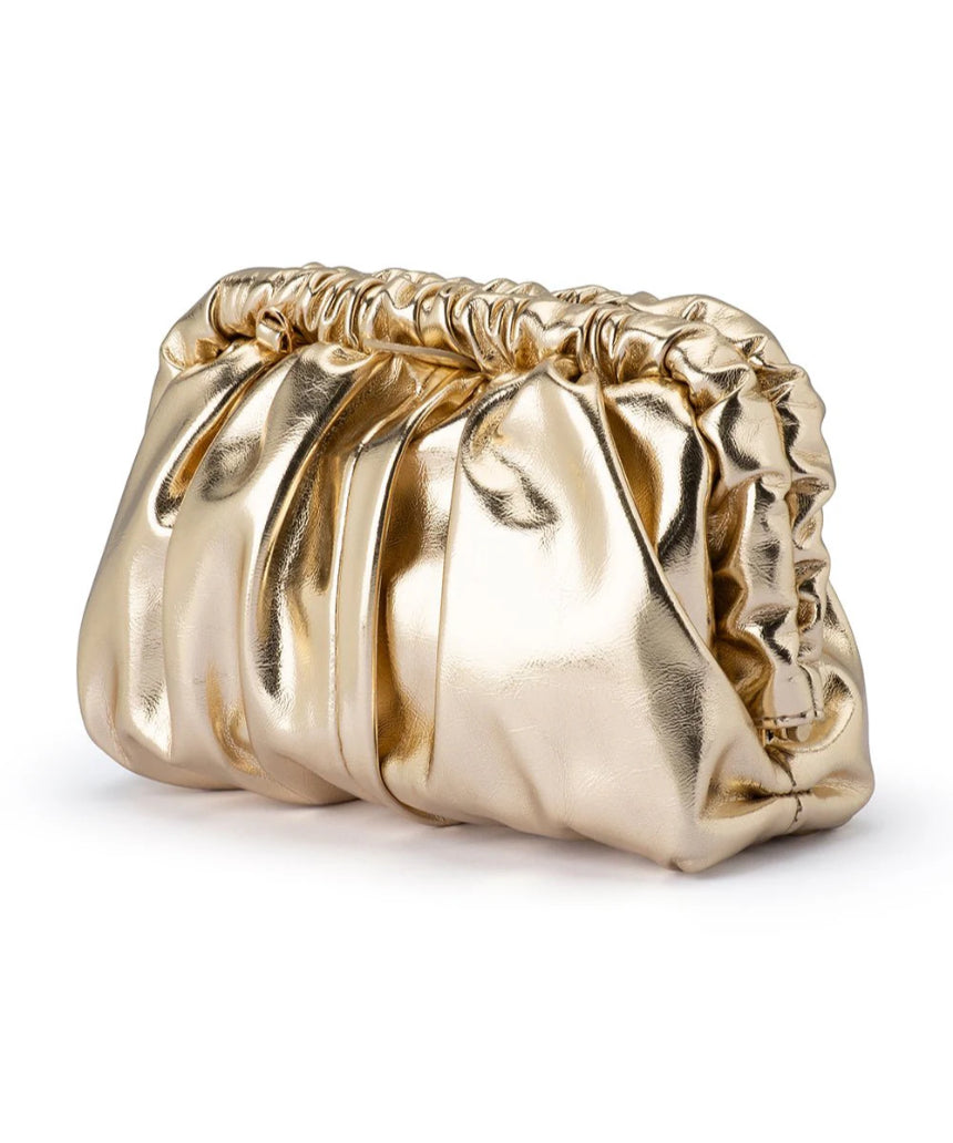 Olga Berg Betty metallic clutch bag in gold with a sleek design and textured finish, perfect for evening or special occasions.