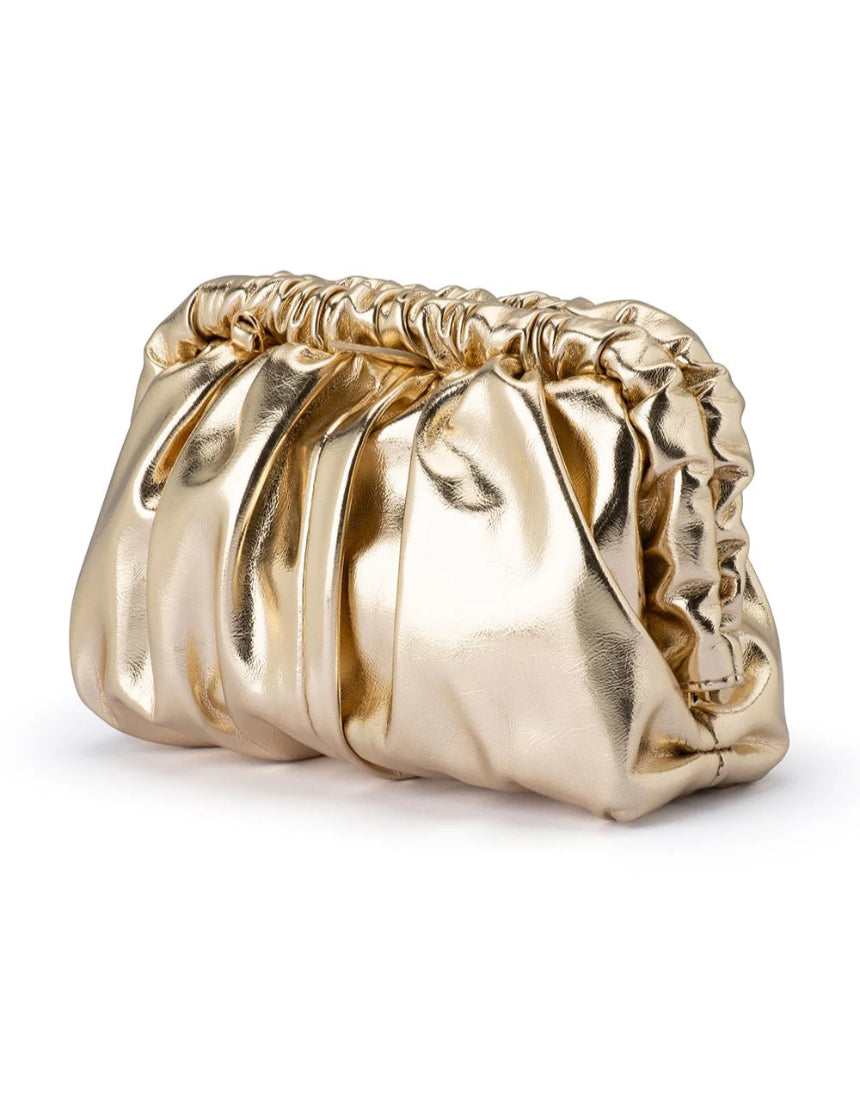 Olga Berg Betty metallic clutch bag in gold with a sleek design and textured finish, perfect for evening or special occasions.