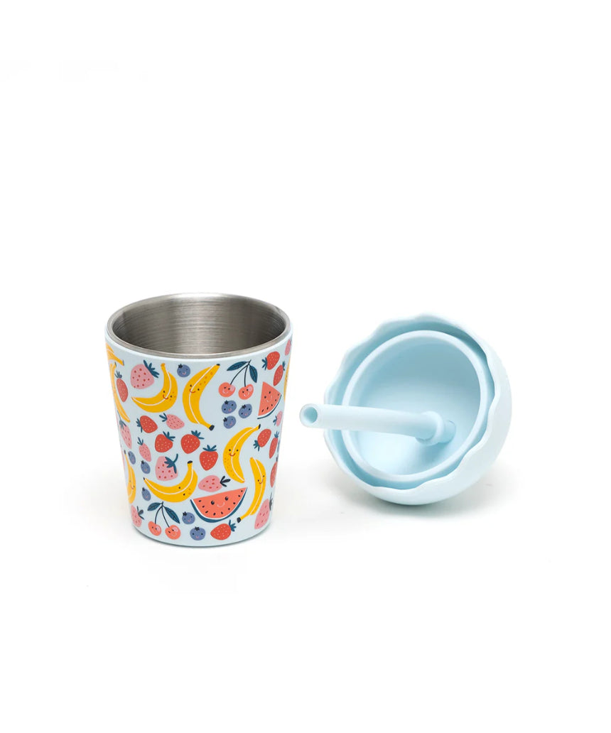 Chino Club Fruits Blue mini smoothie cup with straw, 200ml, with lid removed, designed for kids.