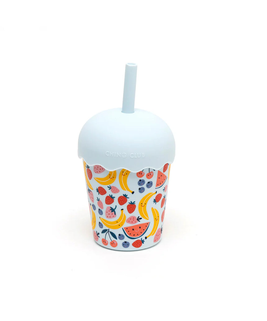 Blue Chino Club Fruits Blue Mini Smoothie Cup with straw for kids, 200ml capacity, featuring colorful fruit design.
