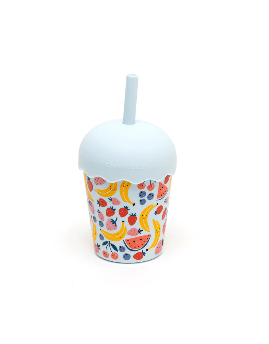 Blue Chino Club Fruits Blue Mini Smoothie Cup with straw for kids, 200ml capacity, featuring colorful fruit design.