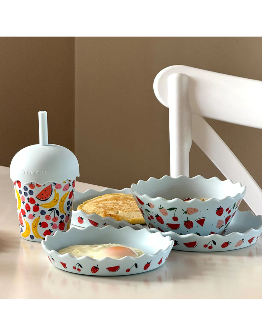 Blue Chino Club Fruits Mini Smoothie Cup with straw, designed for kids, featuring a colorful fruit pattern and 200ml capacity.