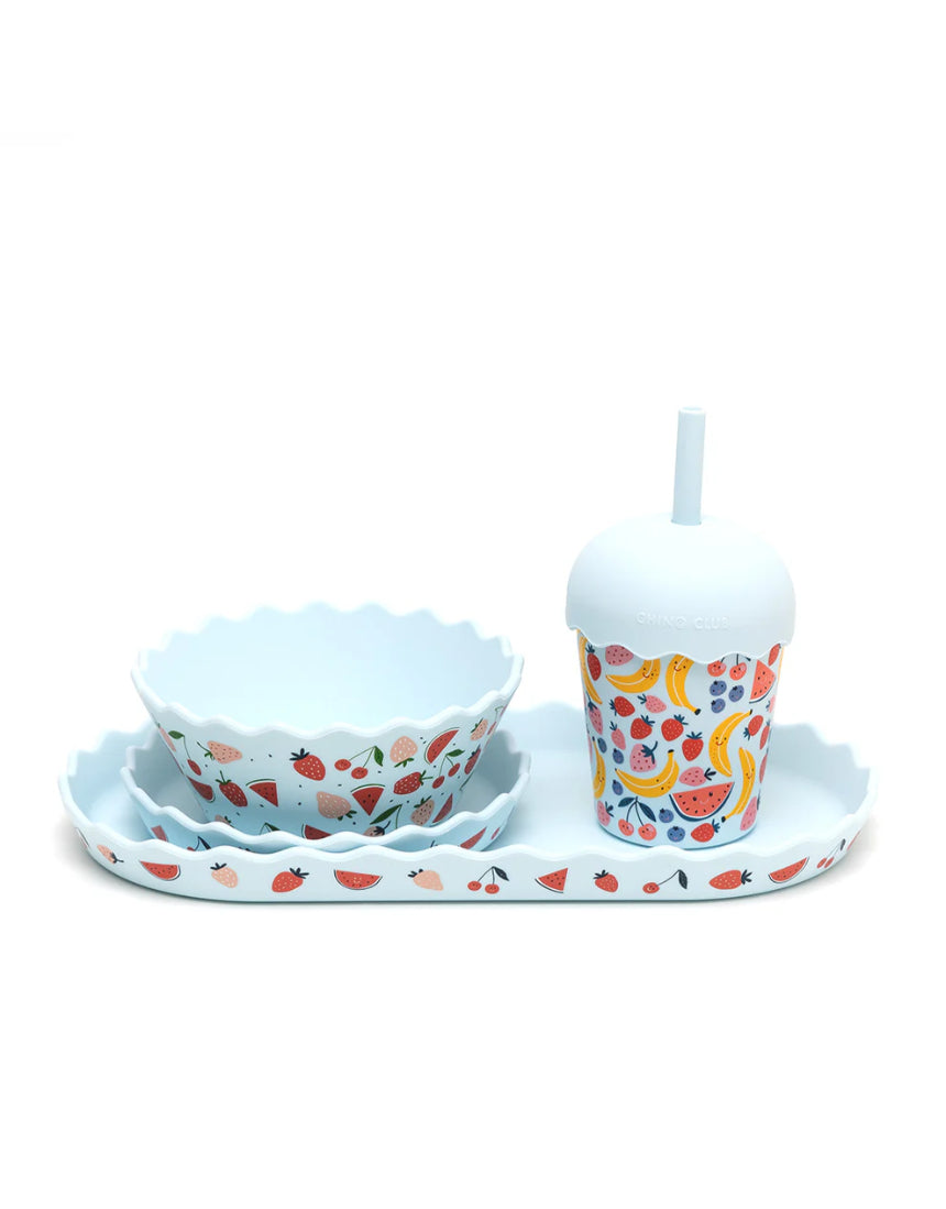 Chino Club Fruits Blue Mini Smoothie Cup and Straw set for kids, featuring a 200ml blue cup with a colorful fruit design.